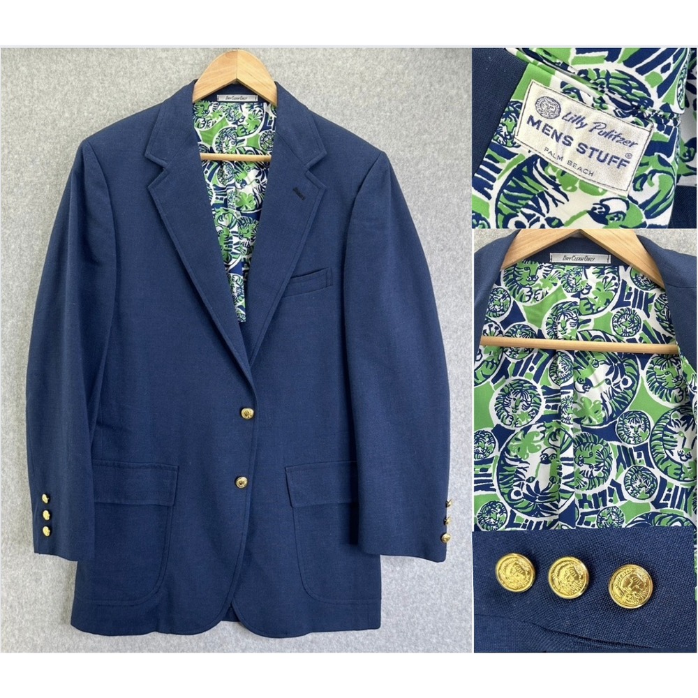 Vintage Lilly Pulitzer Men's Stuff Sport Coat Blazer Navy Blue Est. Size 41 /42